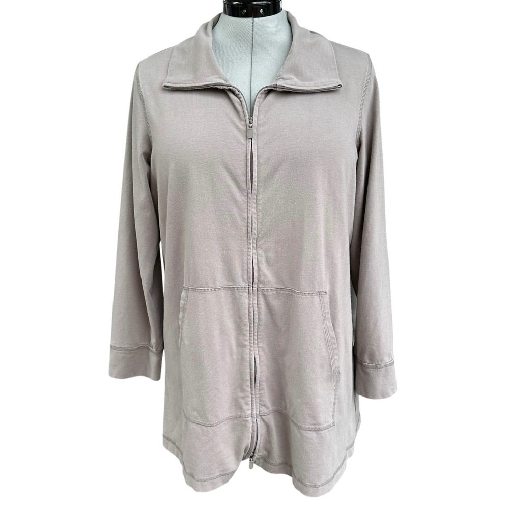 Eileen Fisher Organic Cotton Lycra Full Zip Jacket Taupe Gray Size L Made in USA